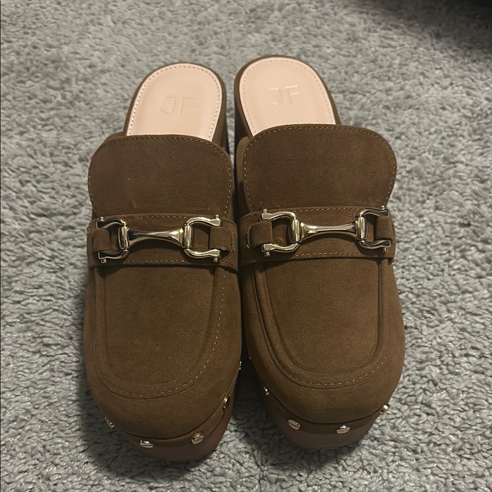 NWOT Brown Suede Mules with Gold Accents - Picture 2 of 6